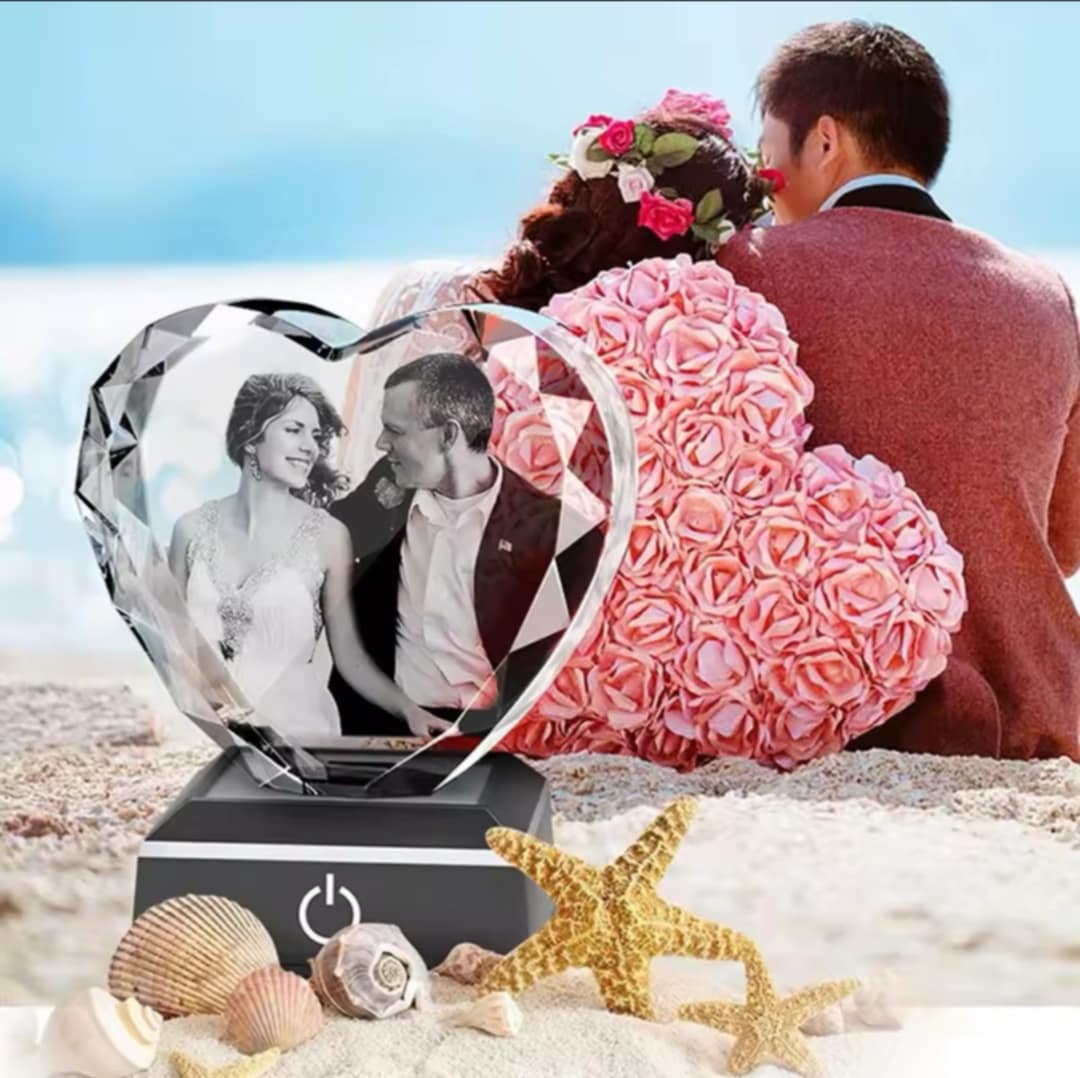 3D Crystal Photo Personalized, Heart Shape, Customized Couples Gifts for Women, Wife, Her, Husband, Loved Ones, Cats, Dogs, Pets