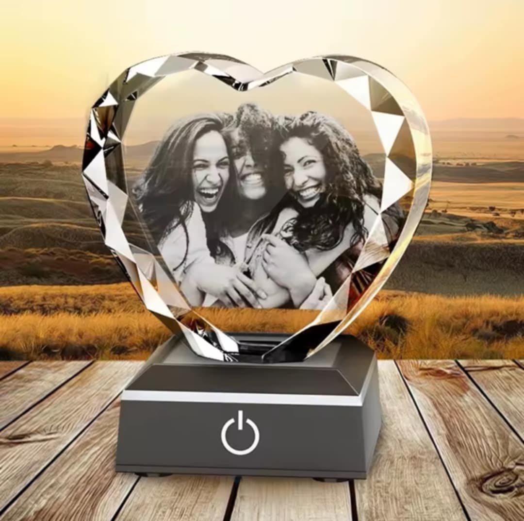 3D Crystal Photo Personalized, Heart Shape, Customized Couples Gifts for Women, Wife, Her, Husband, Loved Ones, Cats, Dogs, Pets